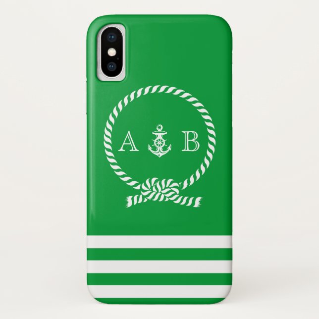 Funda De Case-Mate Para iPhone Kelly Green Nautical Rope y Anchor Monogramado (Reverso)