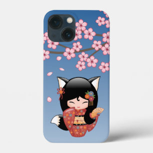 Funda Para iPhone 13 Mini Kitsune Kokeshi Doll - Chica negro Fox Geisha