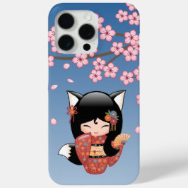Funda Para iPhone 15 Pro Max Kitsune Kokeshi Doll - Chica negro Fox Geisha