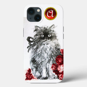 Funda Para iPhone 13 KITTEN CON ROSAS ROJAS RUBY GEM MONOGRAM,blanco