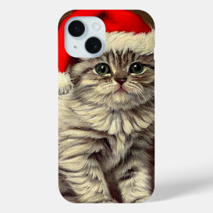 Funda Para iPhone 15 Kitty de Navidad vintage con sombrero Santa