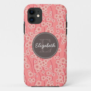 Funda Para iPhone 11 La cereza rosada moderna florece con monograma