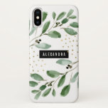 Funda Para iPhone X La vegetación acuática moderna y el oro<br><div class="desc">Este moderno y elegante funda cuenta con hojas de color verde acuático botánico,  con falsos acentos dorados. En el centro hay un moderno marco negro con tu nombre o monograma en blanco. Un diseño elegante y de moda.</div>