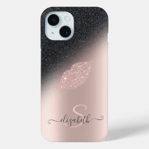 Funda Para iPhone 15 Labios de diamantes brillo Ombre rosa oro 