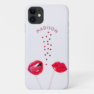 Funda Para iPhone 11 Labios Rojos Femeninos Corazones Nombre Personaliz