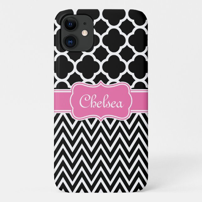Funda De Case-Mate Para iPhone Lado negro / Patrones de chevron Nombre rosado (Reverso)