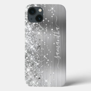 Funda Para iPhone 13 Laminado plateado brillante firma moderna femenina