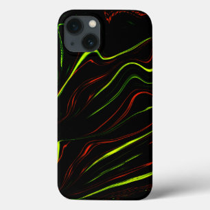 Funda Para iPhone 13 Largos trazos rojos y verdes ondulados, fondo negr