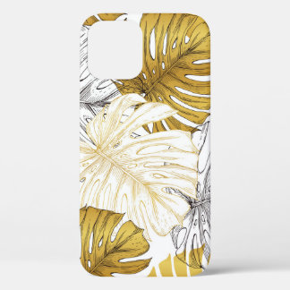 Funda Para iPhone 12 Las hojas de Monstera: Blanco dorado