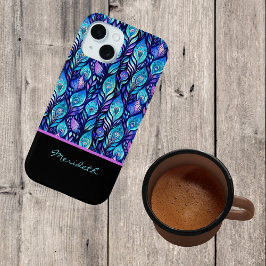 Funda Para iPhone 15 Las plumas de pavo real azul en monograma negro