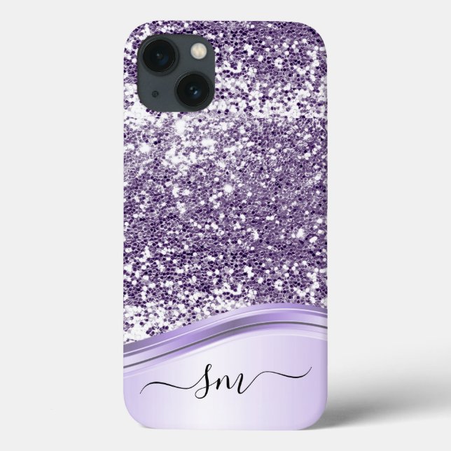 Funda De Case-Mate Para iPhone Lavanda Purpurina morado Aspecto Monograma Inicial (Reverso)