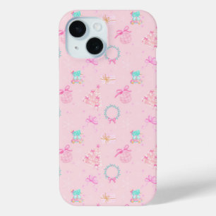 Funda Para iPhone 15 Lazo Coquette de Navidad Rosa Patrón Perfecto