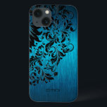 Funda Para iPhone 13 Lazo negro de aluminio con cepillo de color turque<br><div class="desc">Elegante fondo metálico azul-verde turquesa de fondo cepillado de aluminio luce negro encaje floral. Monograma de personalizable. Varias versiones de este diseño con diferente posición de encaje.</div>