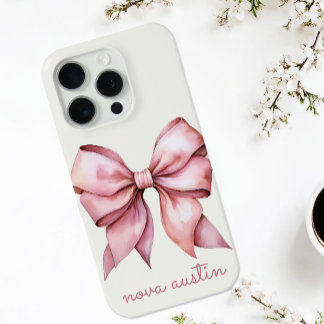 Funda Para iPhone 15 Pro Lazo Rosa de Moda Personalizado con Nombre y Monog