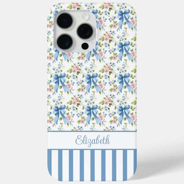 Funda De Case-Mate Para iPhone Lazos Coquetos Azules Con Flores Monogramadas  (Reverso )