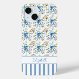 Funda Para iPhone 15 Lazos Coquetos Azules Con Flores Monogramadas