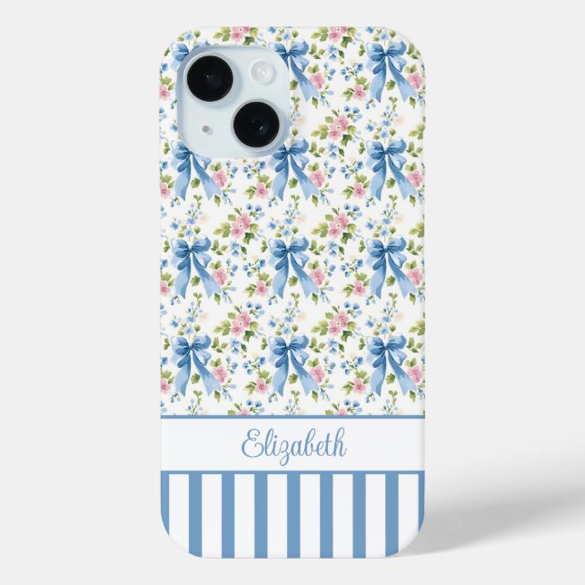 Funda De Case-Mate Para iPhone Lazos Coquetos Azules Con Flores Monogramadas  (Reverso )