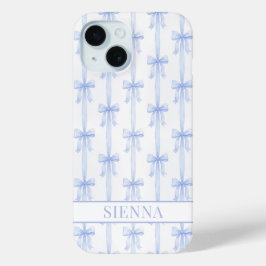 Funda Para iPhone 15 Lazos Coquetos Azules Rayas Monogramados
