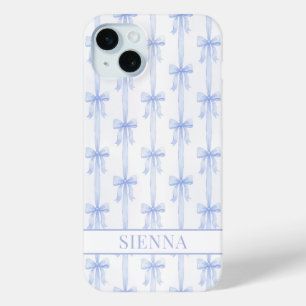 Funda Para iPhone 15 Mini Lazos Coquetos Azules Rayas Monogramados
