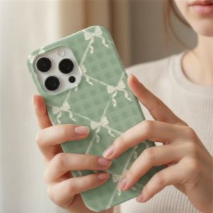 Funda Para iPhone 15 Pro Max Lazos Coquette Estampado de Gingham Crema Verde Sa