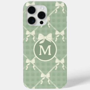 Funda Para iPhone 15 Pro Max Lazos Coquette Gingham Monograma Crema Verde Sage