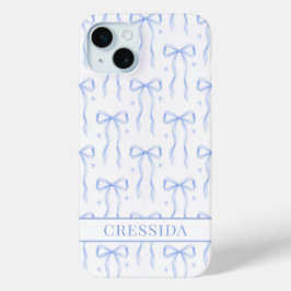 Funda Para iPhone 15 Mini Lazos de Coqueta Azules Monogramados