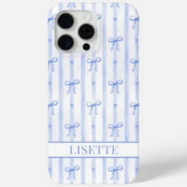Funda Para iPhone 15 Pro Max Lazos de Coqueta de Rayas Azules Elegantes Monogra