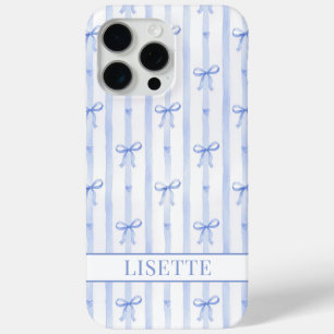 Funda Para iPhone 15 Pro Max Lazos de Coqueta de Rayas Azules Elegantes Monogra