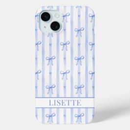 Funda Para iPhone 15 Mini Lazos de Coqueta de Rayas Azules Elegantes Monogra