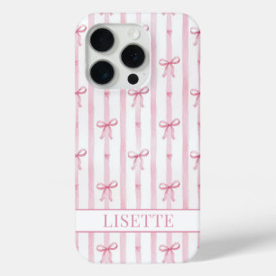 Funda Para iPhone 15 Pro Lazos de Coqueta de Rayas Rosadas Elegantes con Mo