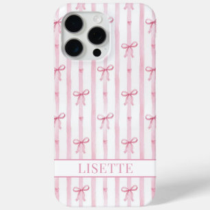 Funda Para iPhone 15 Pro Max Lazos de Coqueta de Rayas Rosadas Elegantes Monogr