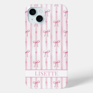 Funda Para iPhone 15 Mini Lazos de Coqueta de Rayas Rosadas Elegantes Monogr