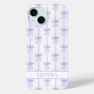 Funda Para iPhone 15 Lazos de Coqueta Morada Monogramados a Rayas