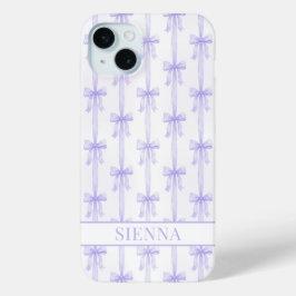 Funda Para iPhone 15 Mini Lazos de Coqueta Morada Monogramados a Rayas
