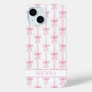 Funda Para iPhone 15 Lazos de Coqueta Rosa con Monograma Rayado