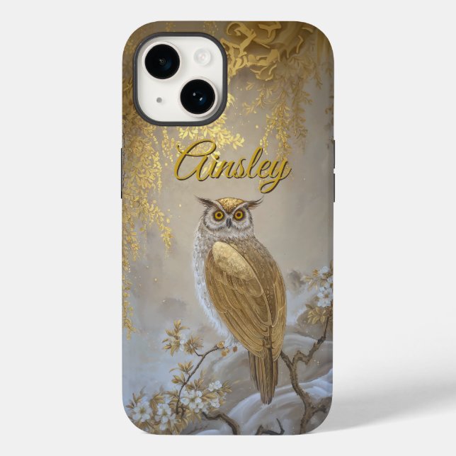 Funda De Case-Mate Para iPhone Lechuza Fukuro de Oro con flores (Reverso )