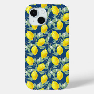 FUNDA PARA iPhone 15 LEMON FRUITS BLUE BACKGROUND