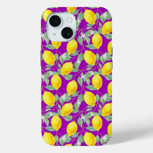 FUNDA PARA iPhone 15 LEMON FRUITS PURPLE BACKGROUND