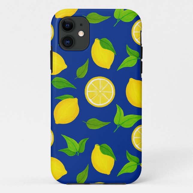 Funda De Case-Mate Para iPhone Lemones amarillos de verano con patrón azul real (Reverso)