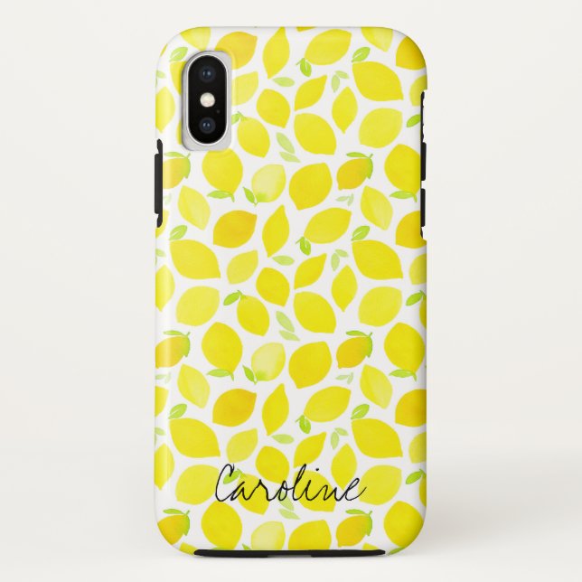 Funda De Case-Mate Para iPhone  Lemones amarillos en acuarela. Agregar nombre. (Reverso)