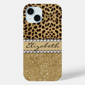 Funda Para iPhone 15 Lentejuela Dorada con Motivo de Lunares de Leopard