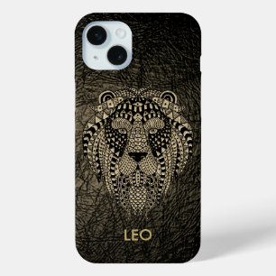 Funda Para iPhone 15 Mini Leo el León sobre el cuero y el oro