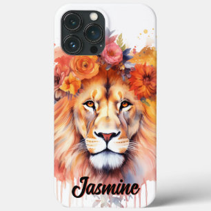 Funda Para iPhone 13 Pro Max León Pastel Flores Safari acuarela Savannah Cat