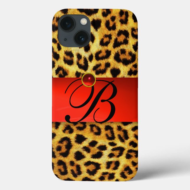 FUNDA DE Case-Mate PARA iPhone LEOPARD IMPRESO FUR ROJO GEMSTONE MONOGRAM, (Reverso)