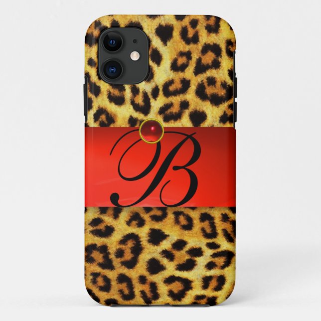 FUNDA DE Case-Mate PARA iPhone LEOPARD IMPRESO FUR ROJO GEMSTONE MONOGRAM, (Reverso)