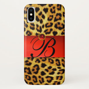 FUNDA PARA iPhone X LEOPARD IMPRESO FUR ROJO GEMSTONE MONOGRAM,
