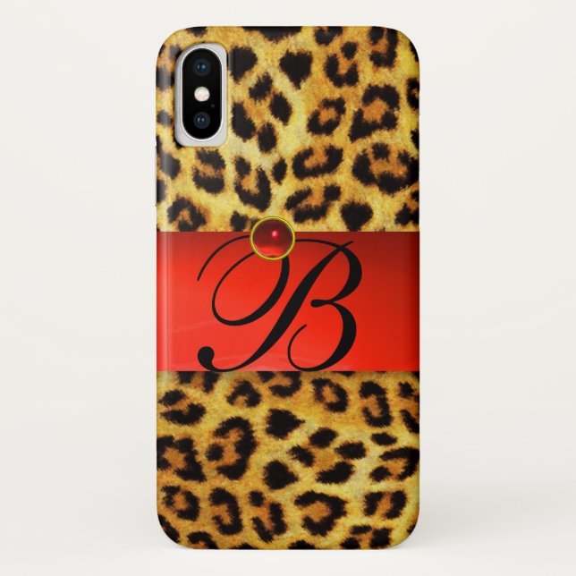 FUNDA DE Case-Mate PARA iPhone LEOPARD IMPRESO FUR ROJO GEMSTONE MONOGRAM, (Reverso)