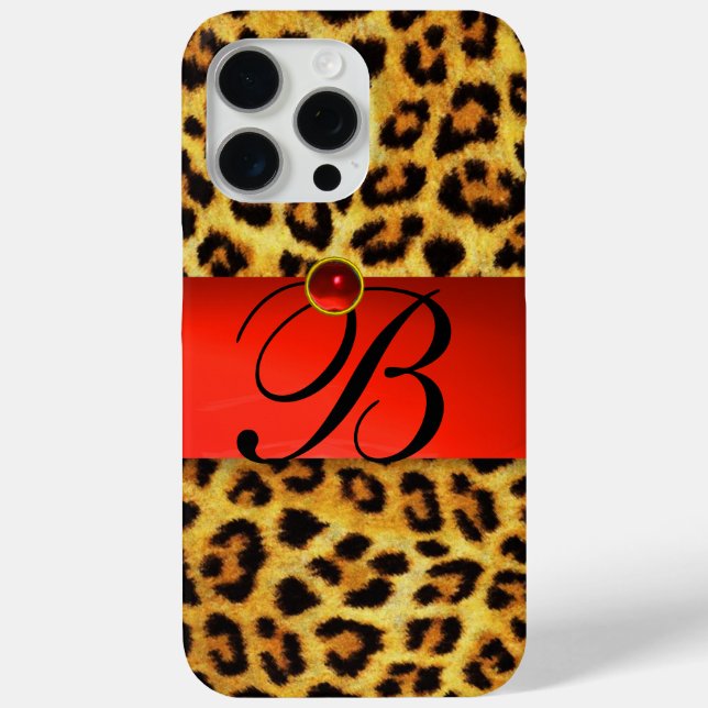 FUNDA DE Case-Mate PARA iPhone LEOPARD IMPRESO FUR ROJO GEMSTONE MONOGRAM, (Reverso )