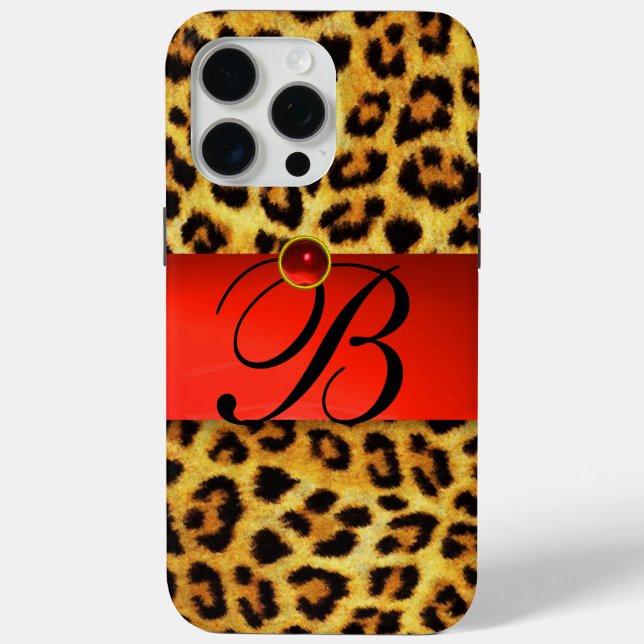 FUNDA DE Case-Mate PARA iPhone LEOPARD IMPRESO FUR ROJO GEMSTONE MONOGRAM, (Reverso )