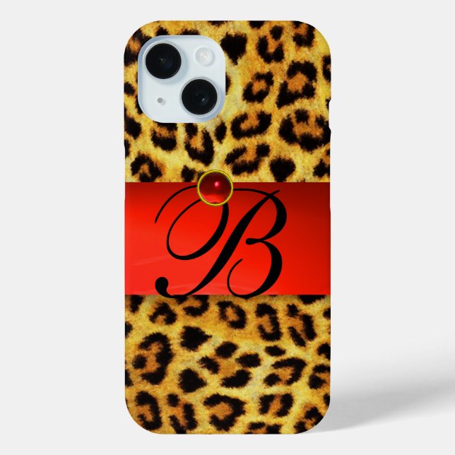 FUNDA DE Case-Mate PARA iPhone LEOPARD IMPRESO FUR ROJO GEMSTONE MONOGRAM, (Reverso )